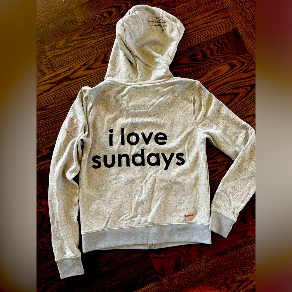 I LOVE SUNDAYS small hooded sweatshirt zip up love life grey speckled